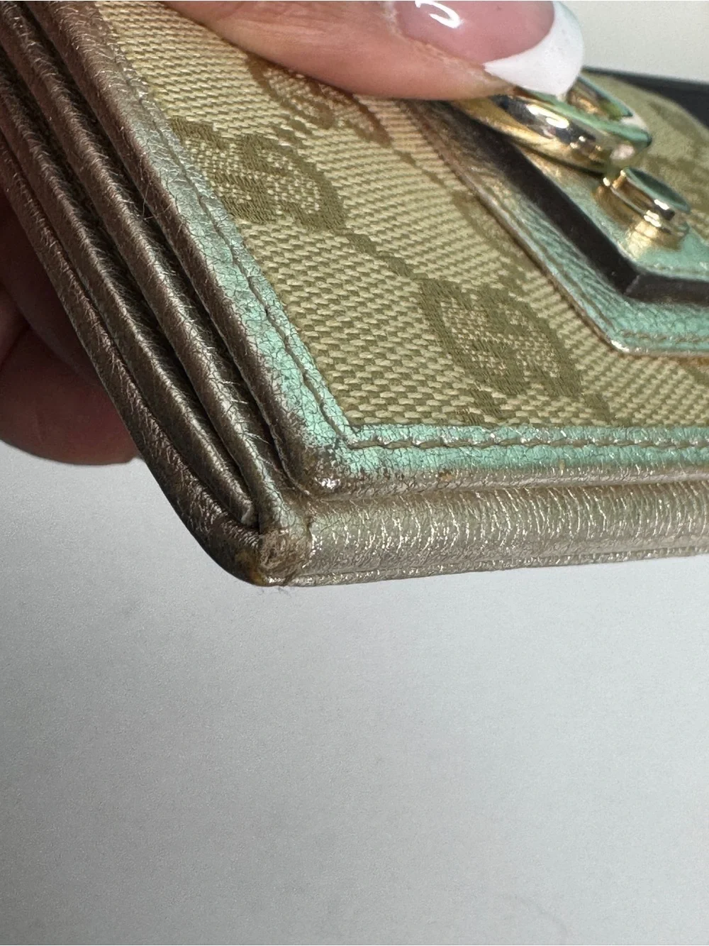Gucci Beige Monogram Canvas Card Case with Metallic Trim